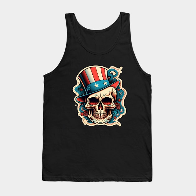 USA Proud Skull Top Hat American Flash Tattoo Retro Flash Hipster Tattoo Patriot Old School Tank Top by The Dirty Gringo